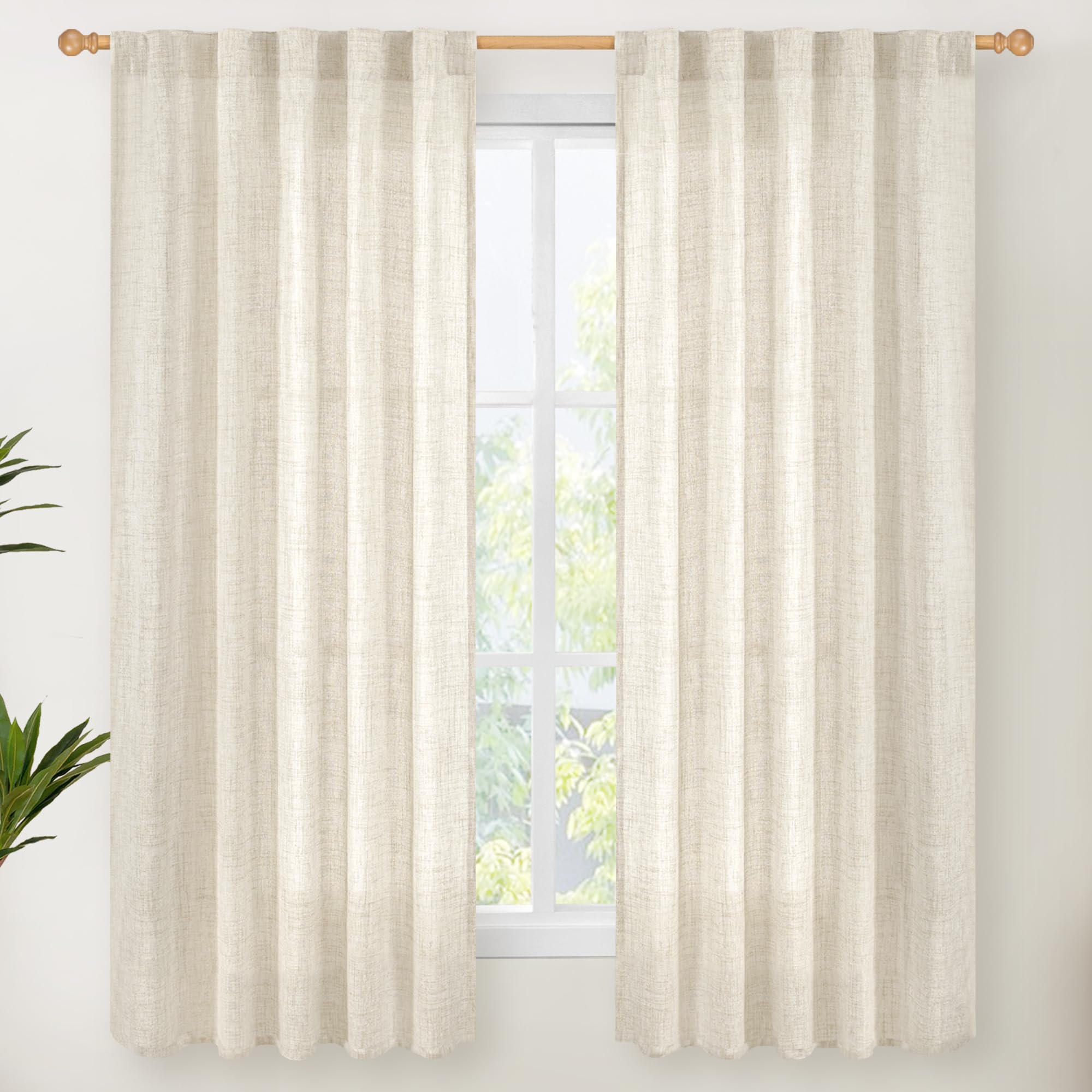 YoungsTex Linen Curtains 63 Inch Length for Living Room, Semi Sheer Window Drapes with Rod Pocket Back Tab Curtain Light Filtering for Bedroom Office, Linen, 2 Panels, 38 X 63 Inch Image