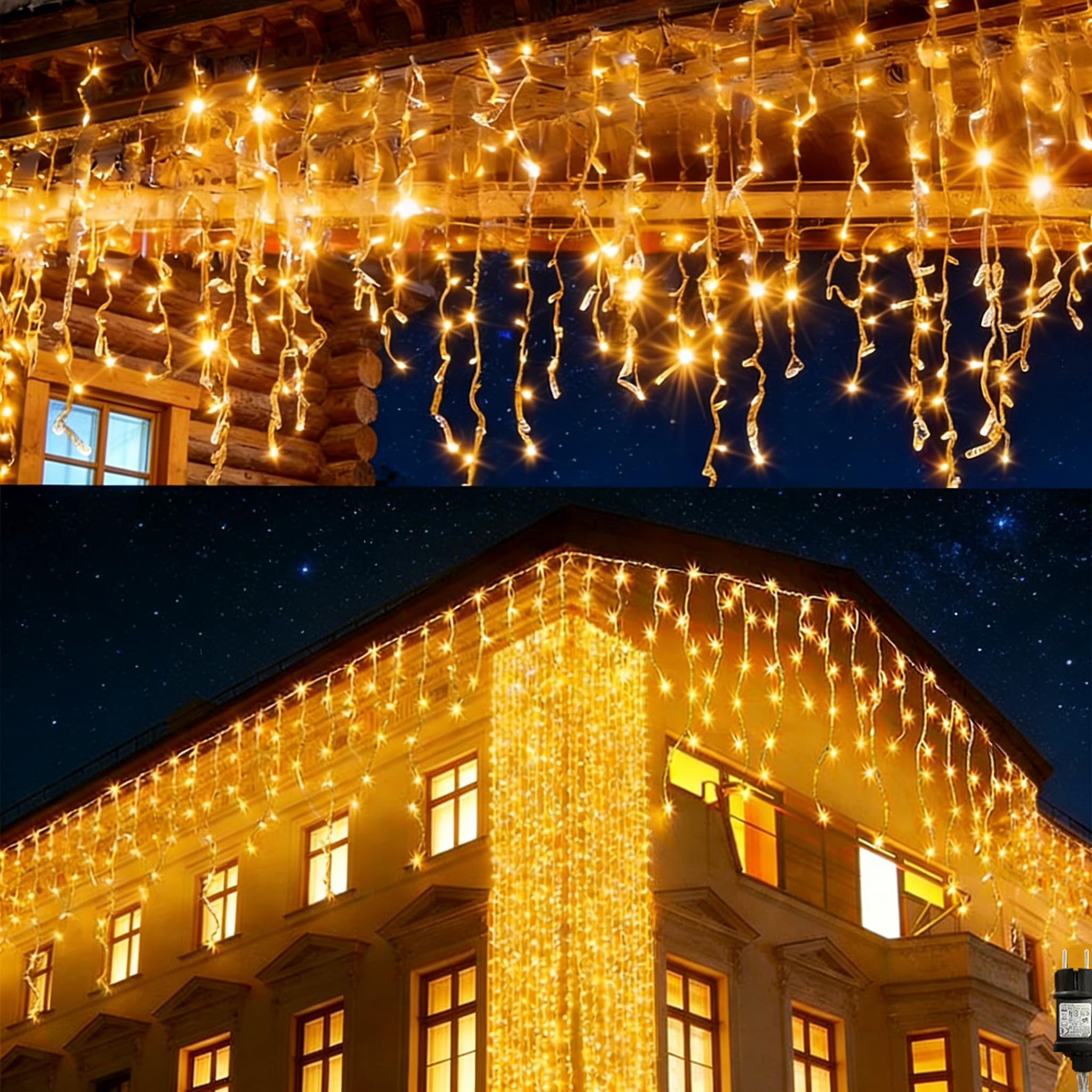 Icicle Christmas Lights Outdoor, 10m 400 LED Plug-in Waterproof Fairy String Lights with 8 Modes, Timer&Connectable, for Eaves, Gutters, House Roof, Garden, Patio & Party Decorations Warm White