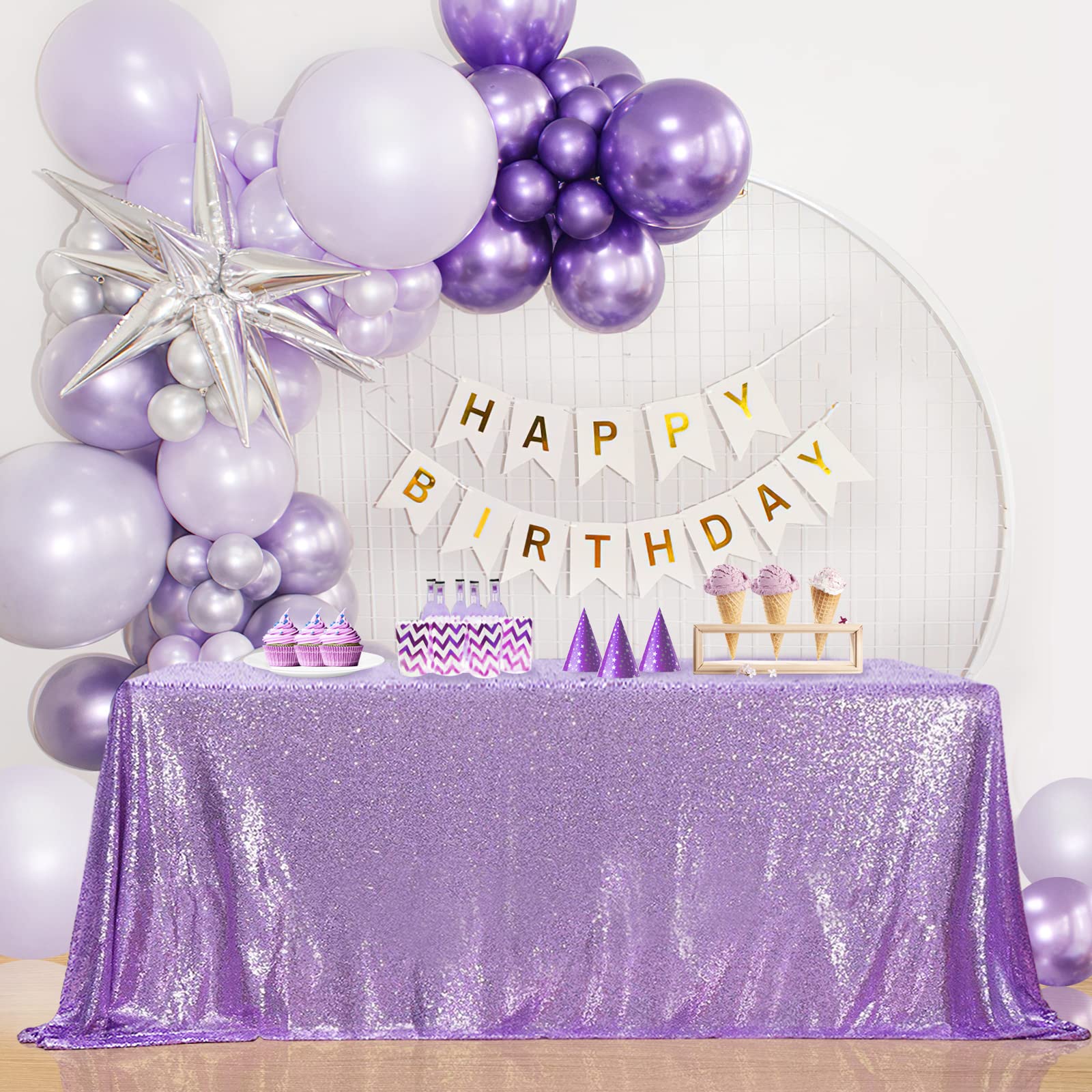 B-COOL Rectangle Sequin Tablecloth Lilac Sparkle Tablecloth Glitz Tablecloth Sequin Table Cloth for Romantic Birthday Party Event Lavender 90x132 inches