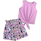 Arshiner Girl's 2 Piece Outfits Summer Tie Knot Tank Top and Paperbag Waist Pocketed Short Sets
