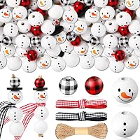 180 Piece Christmas Snowman Wooden Bead Winter Wooden Bead Christmas Buffalo Plaid Wood Round Bead Christmas Print…