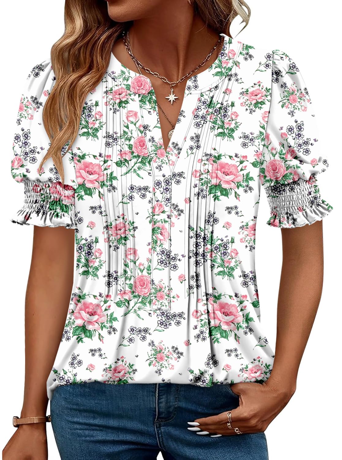 Photo 1 of CRAZY GRID Womens Dressy Casual Shirts V neck Summer Business Work Blouse Puff Short Sleeve Dress Tops Pleated Loose Office Professional Tunic Tshirt Printed Floral Fresh Rose L
