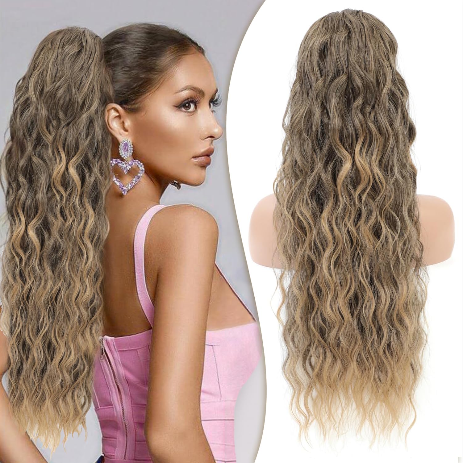 Photo 1 of Mairead Drawstring Ponytail Extension for Women 26 Inch Long Wavy Ponytail Hair Extensions Medium Brown Synthetic Wavy Hairpiece Brown Mixed Blonde 8/18T