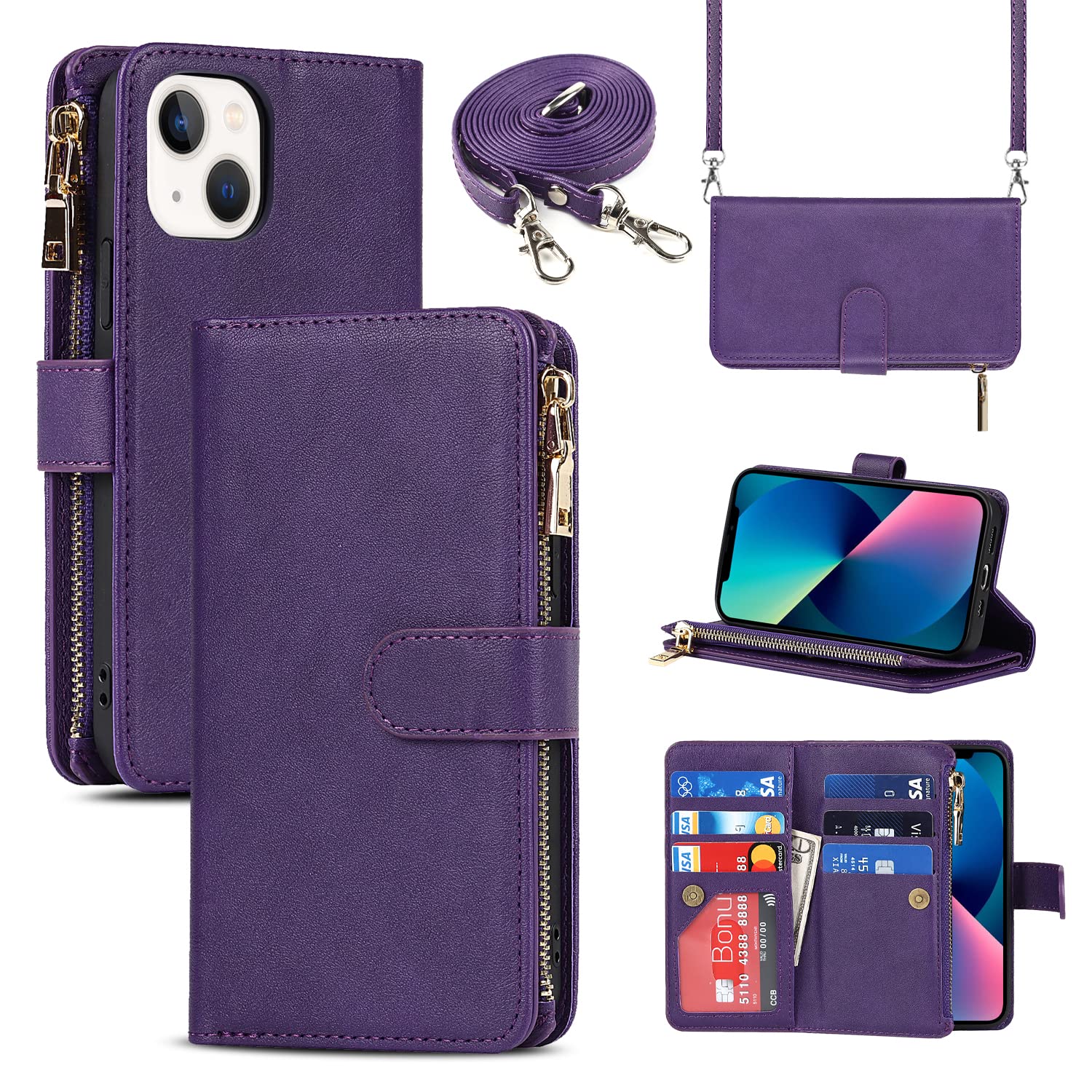 Cavor Crossbody iPhone 13 Case With Card Holder With Strap,Flip Leather Wallet Case,[9 Card Holder] Zipper Detachable Lanyard Phone Case Cover for Women for iPhone 13 - Purple — image 1