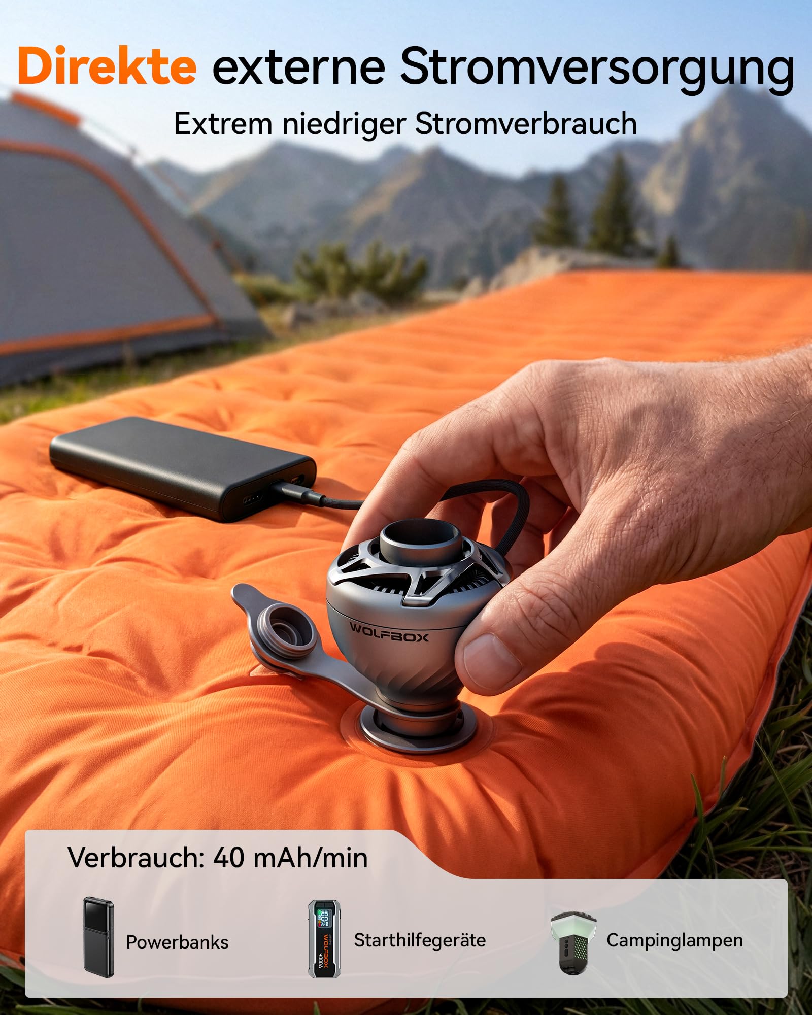 WOLFBOX MFmini Elektrische Luftpumpe, Mini USB Luftpumpe für Luftmatratze ohne Akku 32g Ultraleicht, 4,5KPA Tragbare Elektrische Pumpe 2 in 1 Aufblasen Absaugen mit 5 Düsen, Camping Schwimmring Pool 3