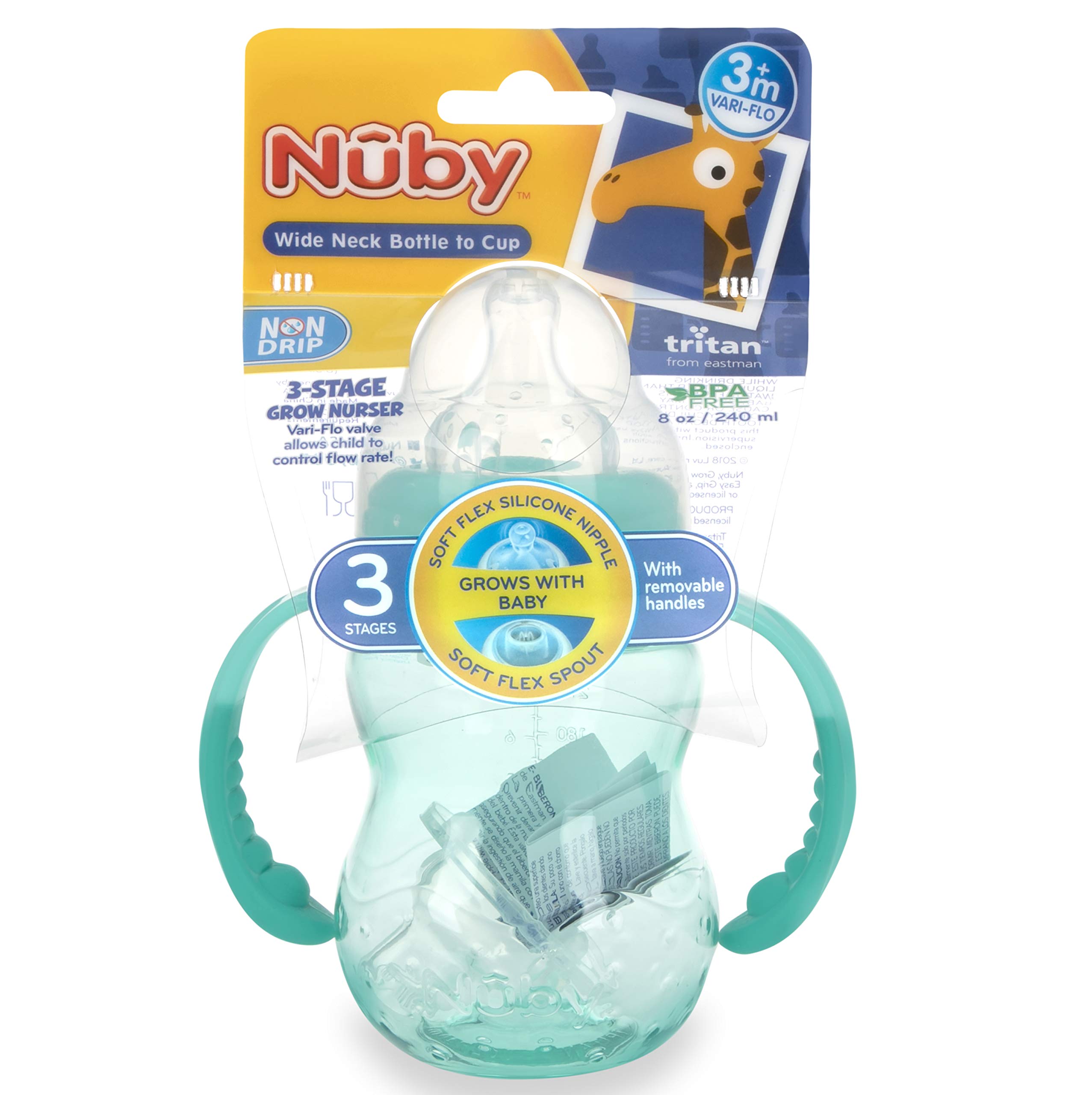 Nuby 3 in 1 Baby Bottle to Training Sippy Cup - 8 Oz Toddler Cups Spill Proof with Soft Spout, Nipple & Removable Grip Handles - Dishwasher Safe (Teal)