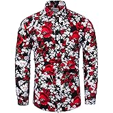 TUNEVUSE Men Floral Dress Shirts Long Sleeve Casual Button Down Flower Printed Shirts 100% Cotton