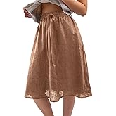Amazhiyu Womens Pure Linen A Line Pleated Midi Skirt Elastic Waist with Pockets