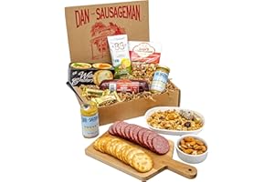 Gourmet Grazing Gift Basket by Dan the Sausageman featuring all Beef Summer Sausages, Sweet and Hot Specialty Mustard, Whole Grain Granola, Crackers, and Lemon Rosemary Almonds