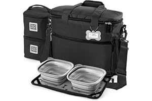 Mobile Dog Gear Week Away Dog Travel Bag (15"x7"x14", Black) - Includes 2 Pet Food Storage Containers + 2 Collapsible Dog Water Bowls - Airline Approved Dog Travel Accessories, Great for Weekend Trips