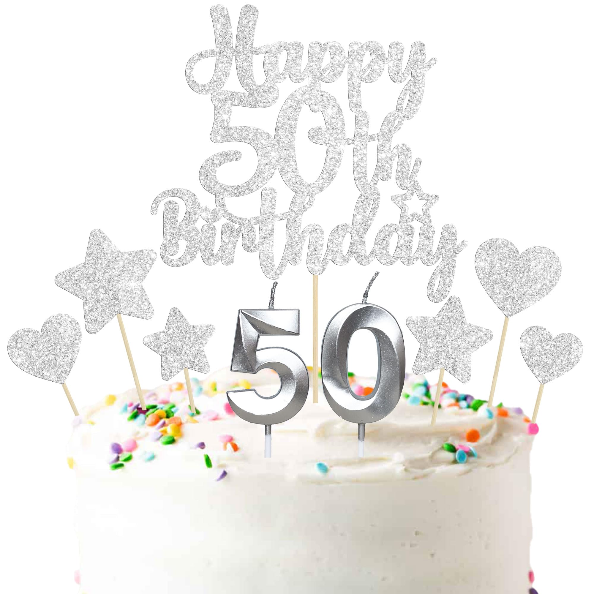 Gyufise 15Pcs Happy 50th Birthday Cake Topper Set with Heart Star Glitter Cheers to 50 Years Cake Picks Number 50 Candles Cake Decorations for Happy 50th Birthday Anniversary Party Supplies Silver — image 1