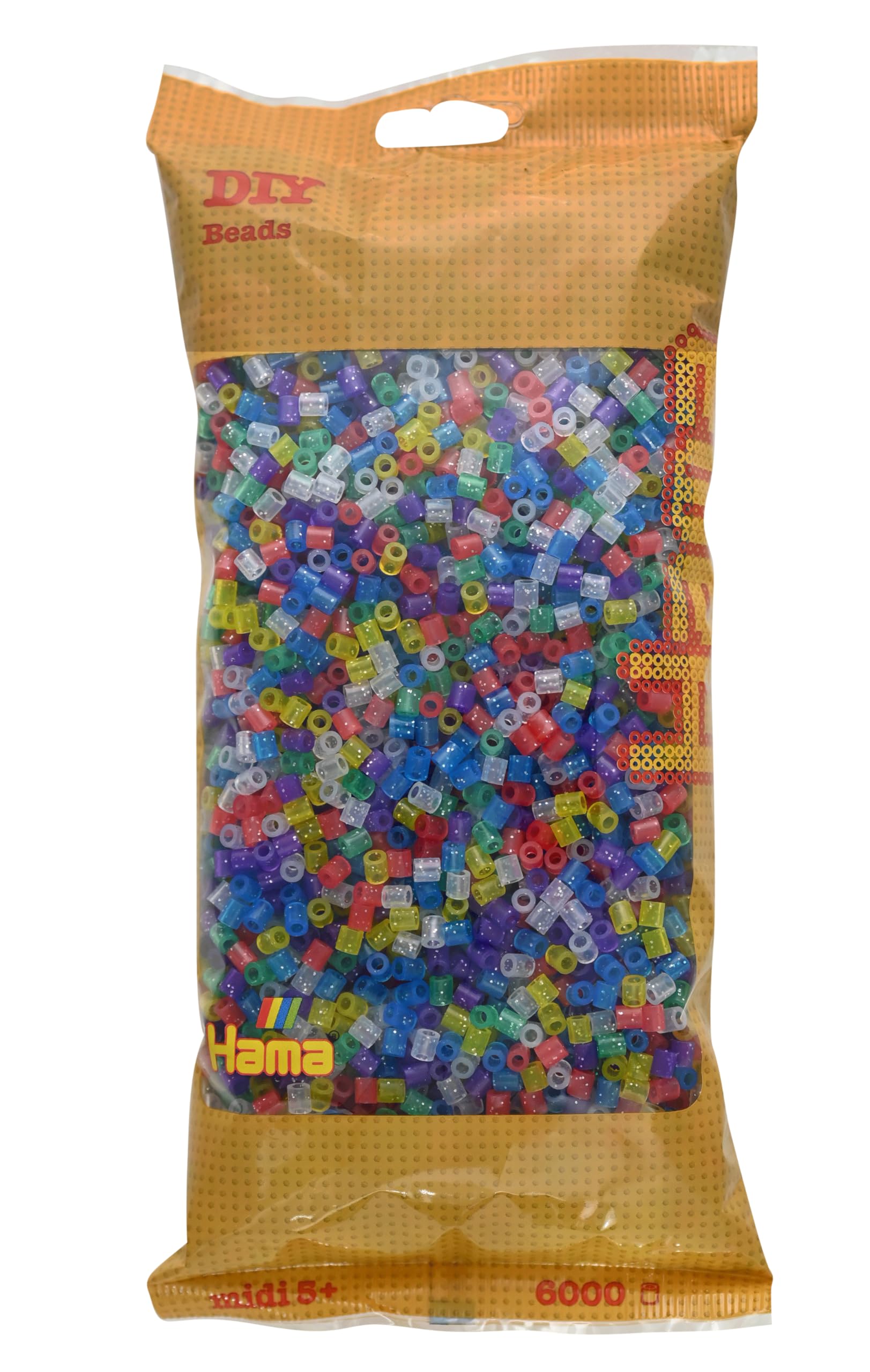 205-54 Iron-on Beads Bag with Approx. 6,000 Colourful midi Craft Beads with Diameter 5 mm in Transparent Glitter Mix, Creative Craft Fun for Young and Old