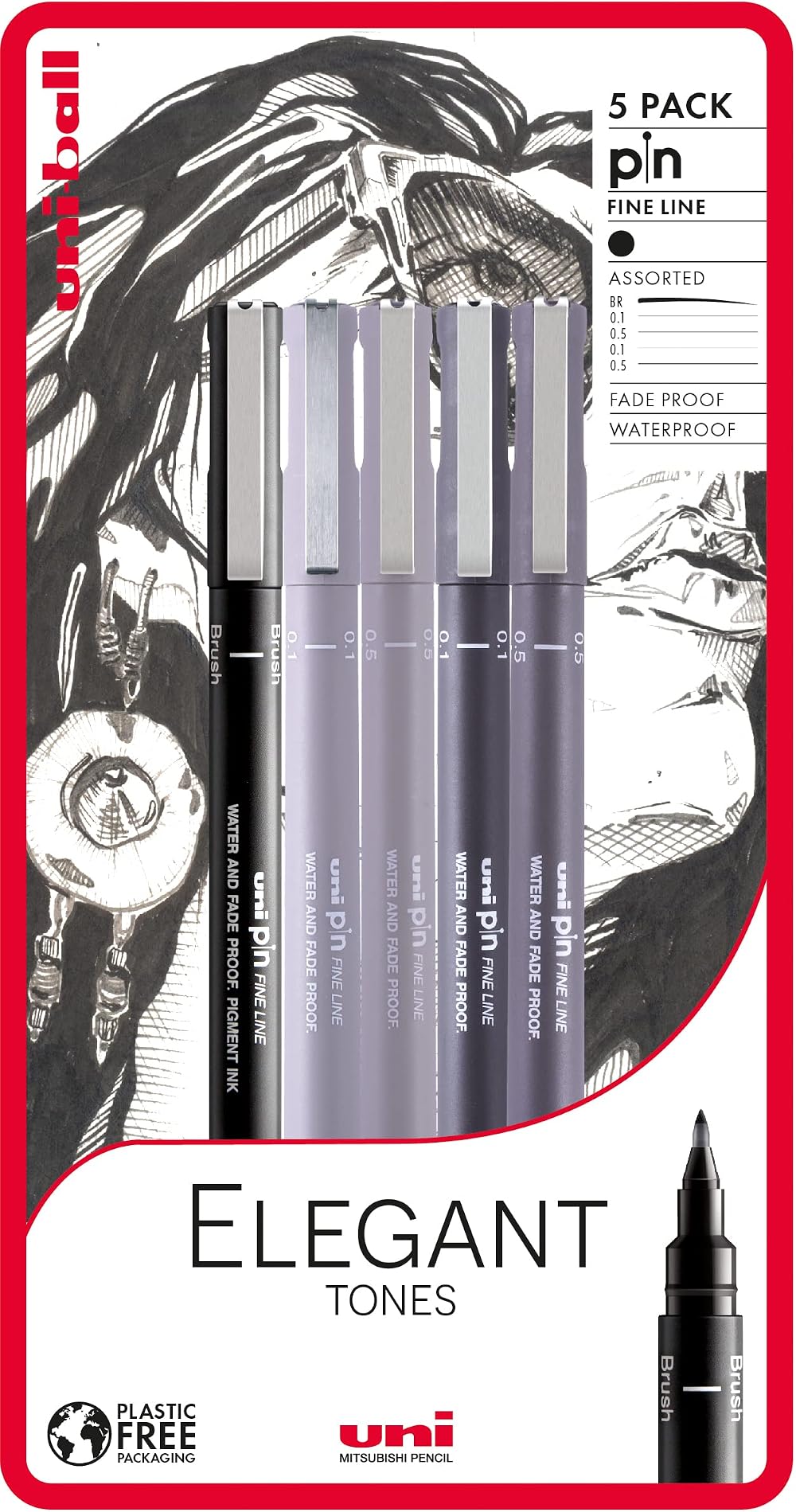 uni-ball PIN Fineliners 5 Pack Black Grey Sketching Archival Quality