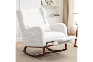 HCHAIRH Rocking Chair Nursery,Teddy Nursery Rocking Chairs with Foot Rest, Sherpa Nursing Chair Glider Rocker with Wingback and Pillow for Living Room, Bedroom, White