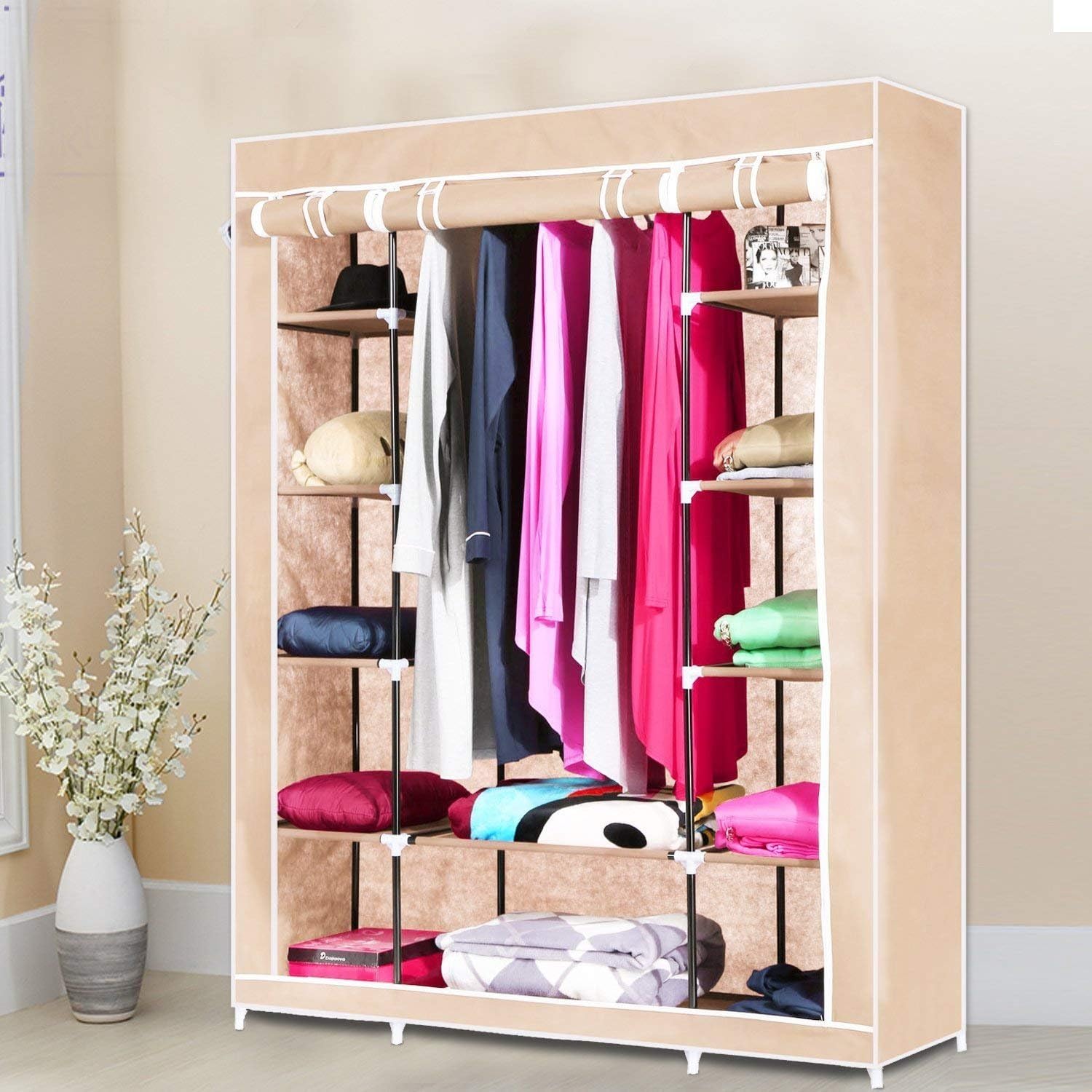 Anva Closet Portable Wardrobe Durable Clothes Storage Organizer Non-Woven Fabric Cloth Storage Shelf with Hanging Rod