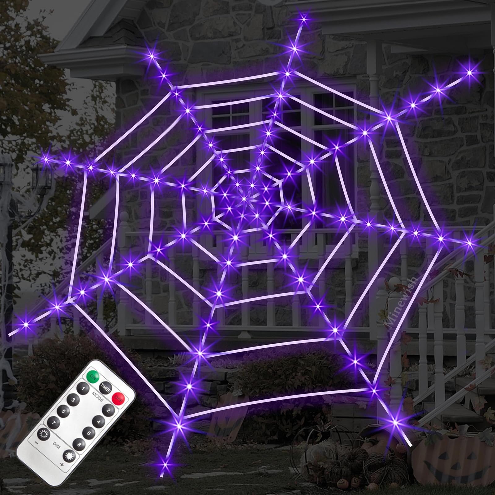 Photo 1 of Halloween Decorations Spider Web Lights, 120 Purple LED Light Up 12 FT Giant Spiderweb Large Outdoor Lighted Decor Huge Cobweb String Lights Decorative for Party Indoor Outside House Porch Yard Garden