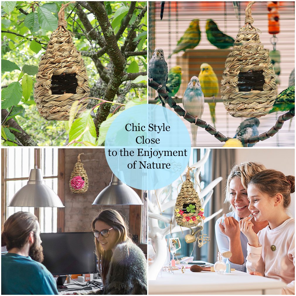 Hand-Woven Teardrop Shaped Grass Bird Hut by SunGrow - 100% Natural Fiber - Cozy resting place for birds - Provides shelter from cold weather - Bird hideaway from predators - Ideal for Finch & Canary