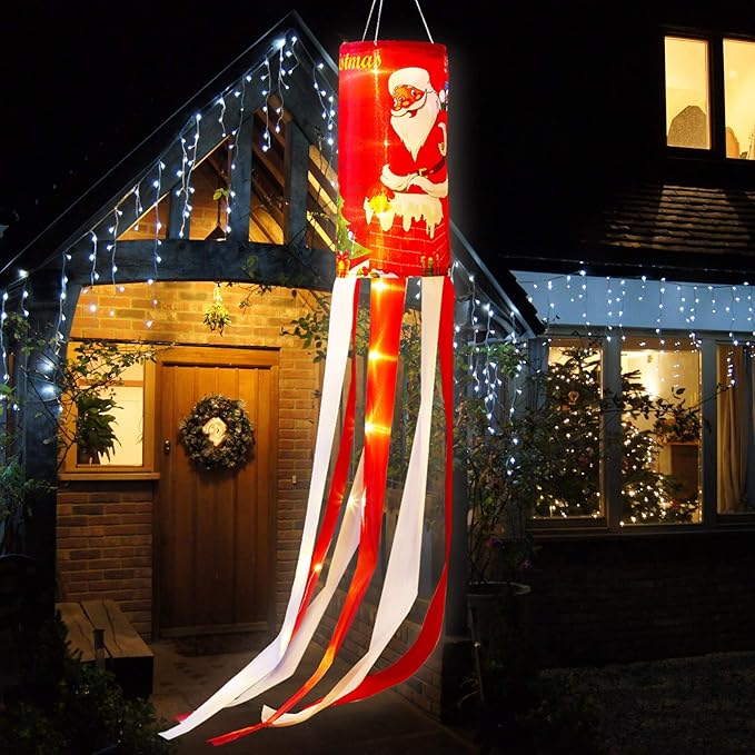 Christmas Windsock Flags Santa Winter Weather Vane with Warm White LED