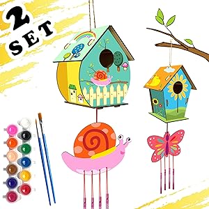 HOME COMPOSER 4 Pack DIY Bird House Wind Chime Kits for Children to Build and Paint, Wooden Arts and Crafts for Kids Girls Boys Toddlers Ages 8-12 4-6 6-8, Paint Kit Includes Paints & Brushes