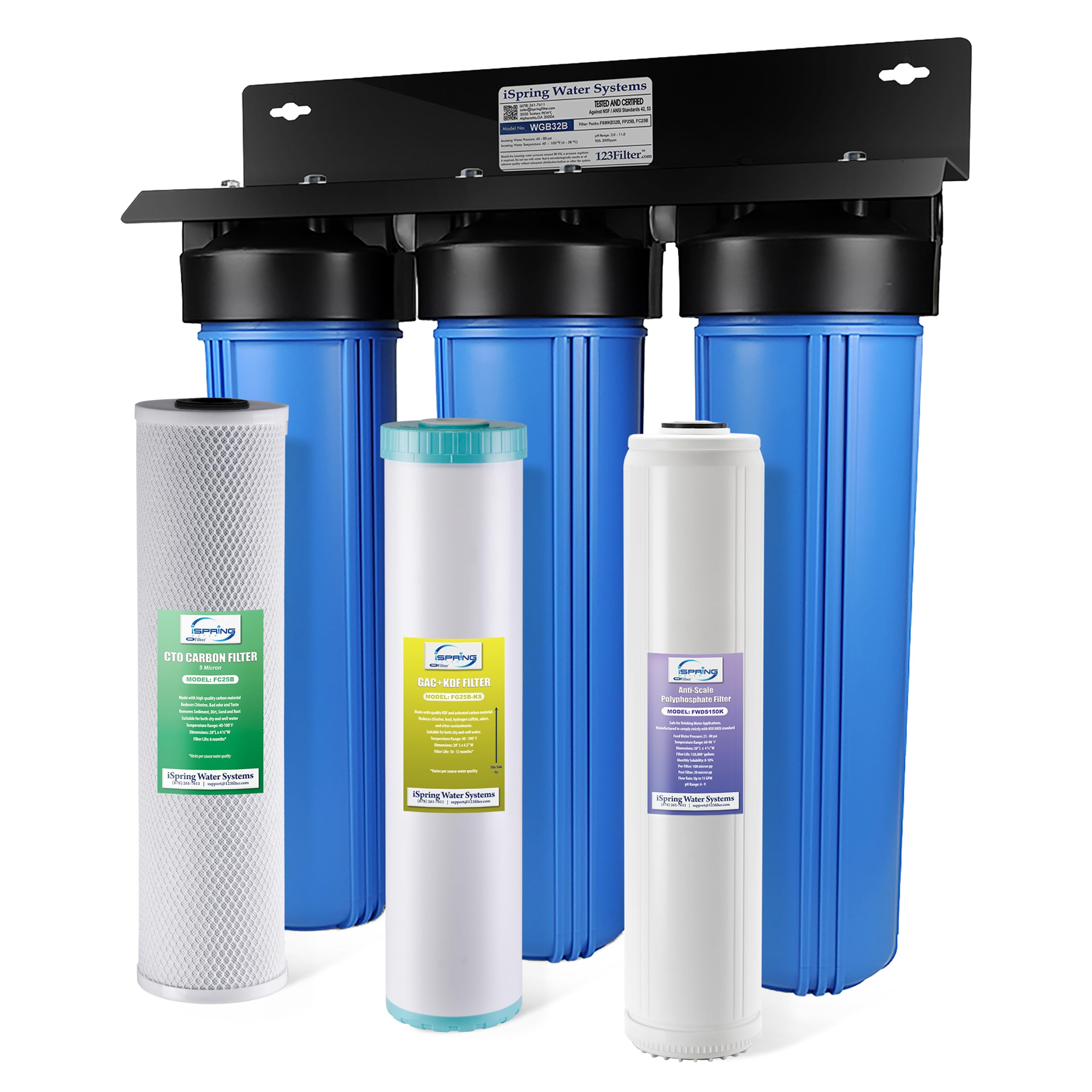 Photo 1 of iSpring Whole House Water Filter System, Reduces PFOA/PFOS, PFAS, Lead, Scale, Chlorine, Chloramine, 3-Stage Whole House Water Filtration System, Model: WGB32B-KDS