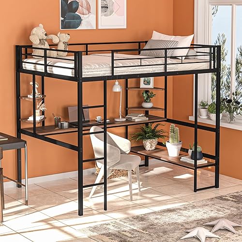BIADNBZ Metal Full Size Loft Bed with Desk and Shelves,Bench with