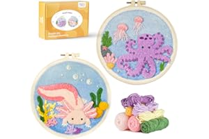 MOREJMTT Punch Needle Kits Adults Beginner,Punch Needle kit for Beginners, Embroidery kit for Beginners,Includes All Tools and Materials,Easy to Follow Instructions and Videos-(Axolotl+Octopus)
