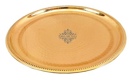 Indian Art Villa 12.1 Brass Hammered Serving Plate Tray - Serving Dishes Dinner Home Hotel Tableware