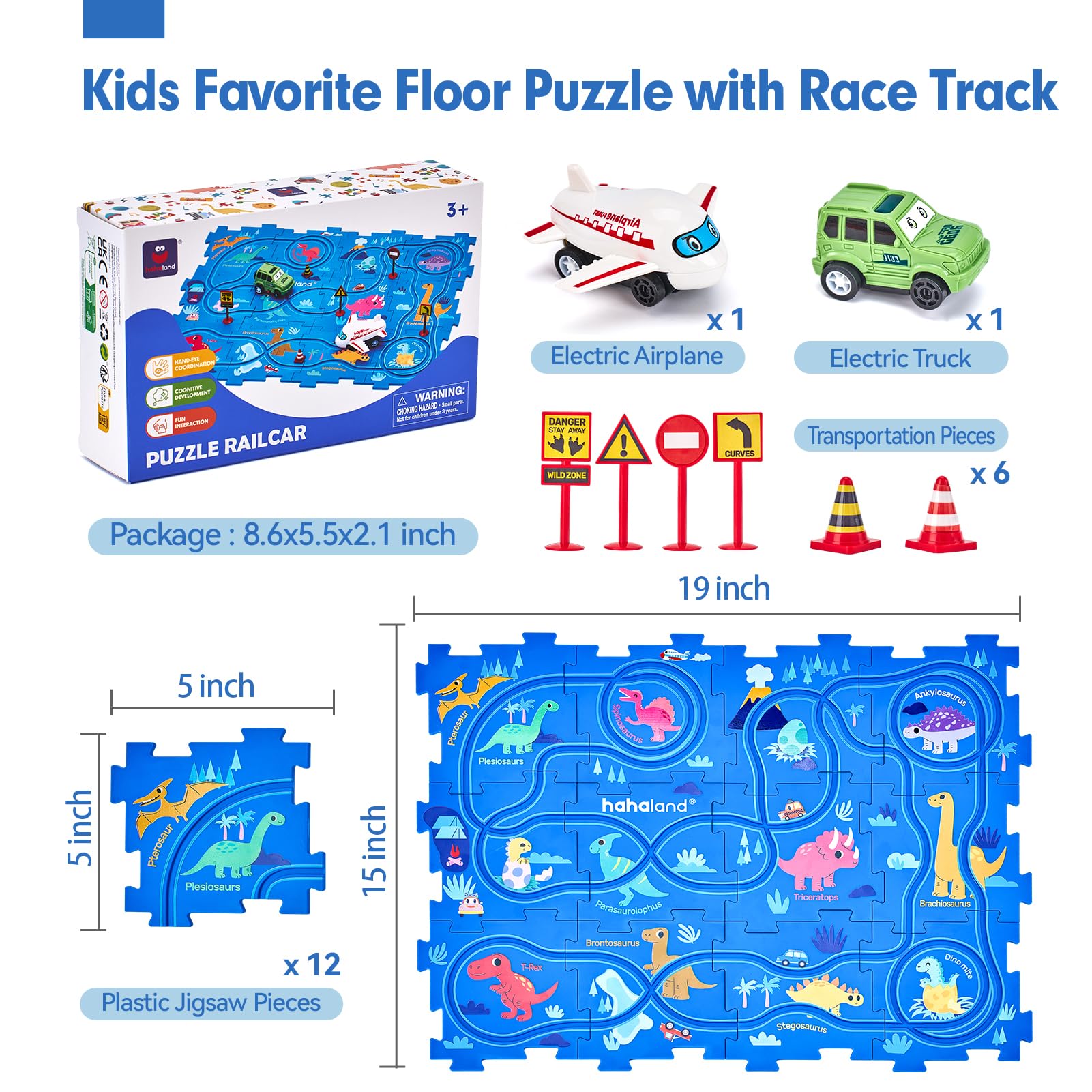 hahaland Puzzle Racer Kids Car Track Set - 5x5 Inches Larger Size of Each Piece Toys for Ages 3-4 for Kids 3 Year Old Boy Toys for 3-5 Birthday Gifts