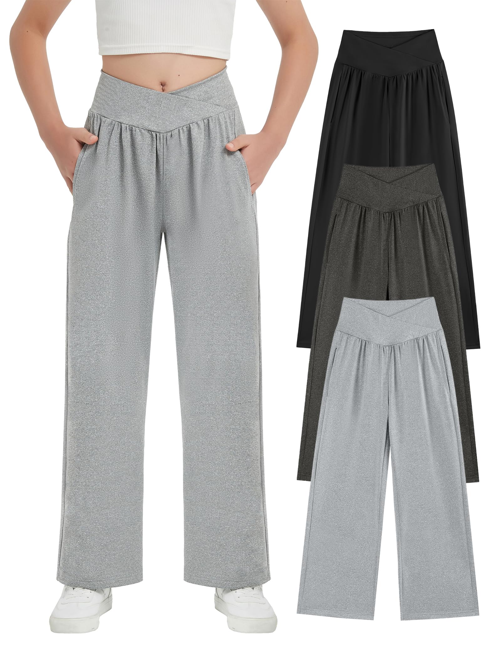 Photo 1 of EXARUS 3 Pack Girls Pants Wide Leg Soft Comfy Elastic Crossover Mid Rise Loose Teen Flowy Straight Causal Solid Long Palazzo Pants with Pockets Outdoor Black/Light Dark Heather Grey 12Y