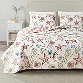 Great Bay Home Coastal Quilt Set - 2-Piece Twin/Twin XL Size Nautical Bedding Set - Lightweight, All-Season, Reversible Bedspread (Seahorse & Shells)