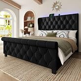 Uteeran Queen Size Bed Frame with Headboard, Upholstered Bed Frame, Balck | Velvet Platform Bed Frame with LED Lights &amp; Charging Station, Wooden Slats Support, Luxury Button Tufted Design, Noise Free