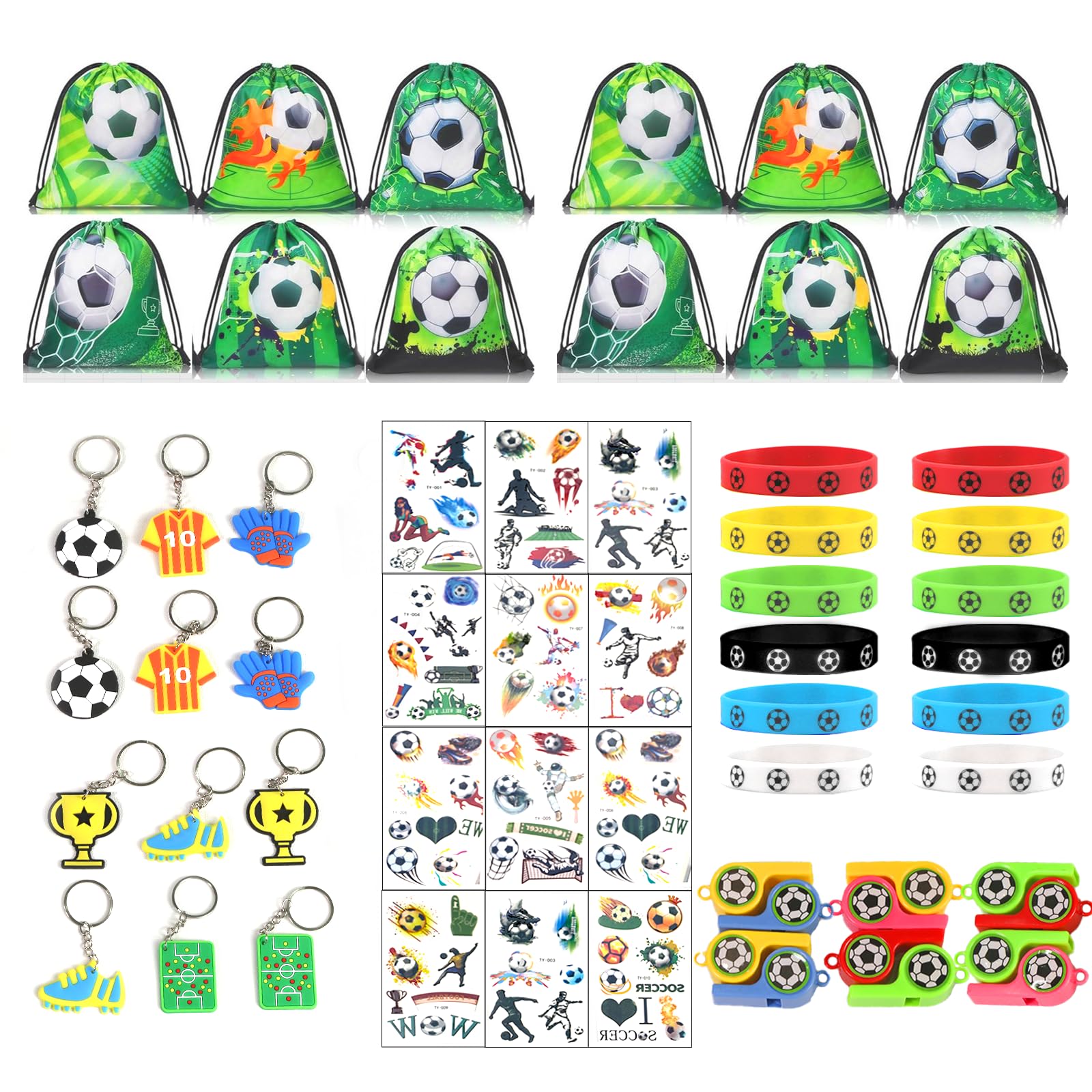 60Pcs Football Party Bags Fillers for Kids, Football Party Favours Set Kids' Party Favours Football Party Favors with Football Party Drawstring Bags, Key Chains, Wristbands, Whistles, Stickers