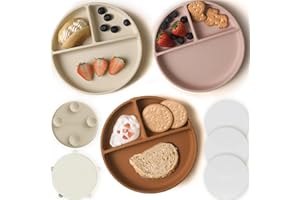 Moonkie Suction Plates for Baby | 100% Silicone BPA-Free Baby Plates with Lids and Food Cover | Divided Design | Microwave and Dishwasher Safe | Toddler Plates 3 Pack