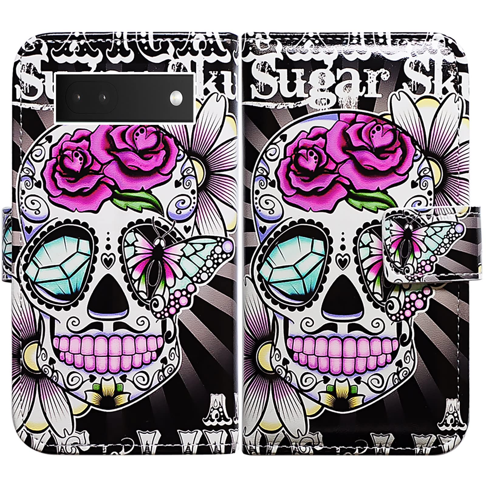 Bcov Pixel 6a Case, Purple Flower Sugar Skull Leather Flip Phone Case Wallet Cover with Card Slot Holder Kickstand For Google Pixel 6a