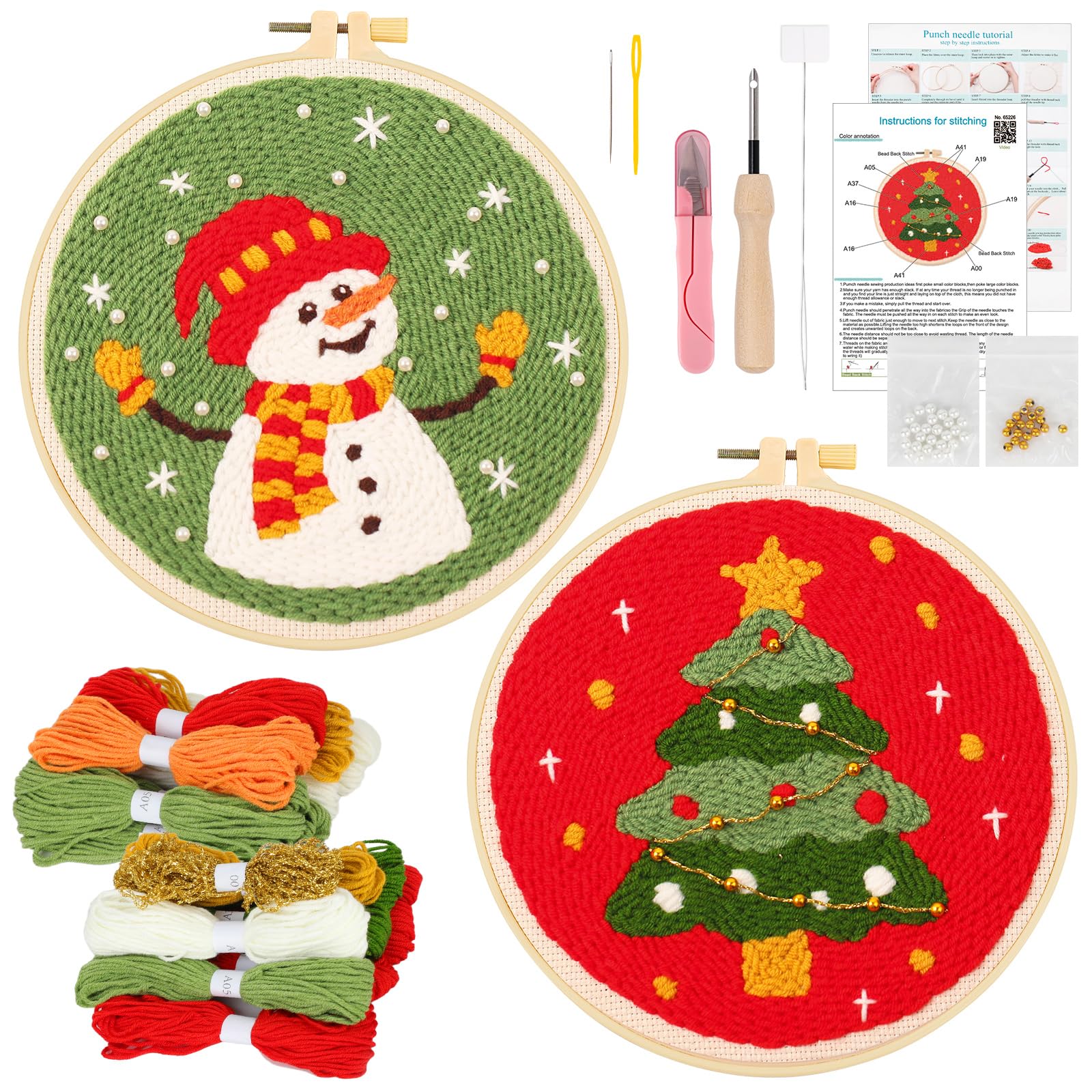 JSRQT 2 Sets Christmas Punch Needle Kit for Beginners, Punch Needle Embroidery Starter Kit for Adults Kids with Christmas Tree Snowman Pattern, Embroidery Beginners Rug Hooking Kit with Instruction