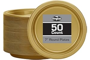 HANNA K. SIGNATURE KingZak Gold Solid Color Premium Heavy Weight Plastic Appetizer Plate (7") 50 Count - Elegant & Durable, Perfect for Parties & Events