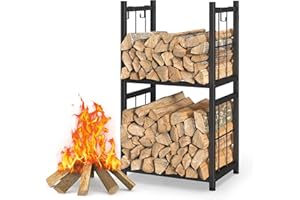 SHINOSKE Firewood Rack Indoor, Portable 2 Tier Firewood Rack, Sturdy and Easy to Assemble Construction, Outdoor Firewood Rack with 4 Hooks for Storing Wood Logs for Fireplaces, Fire Pits and Stoves - Black