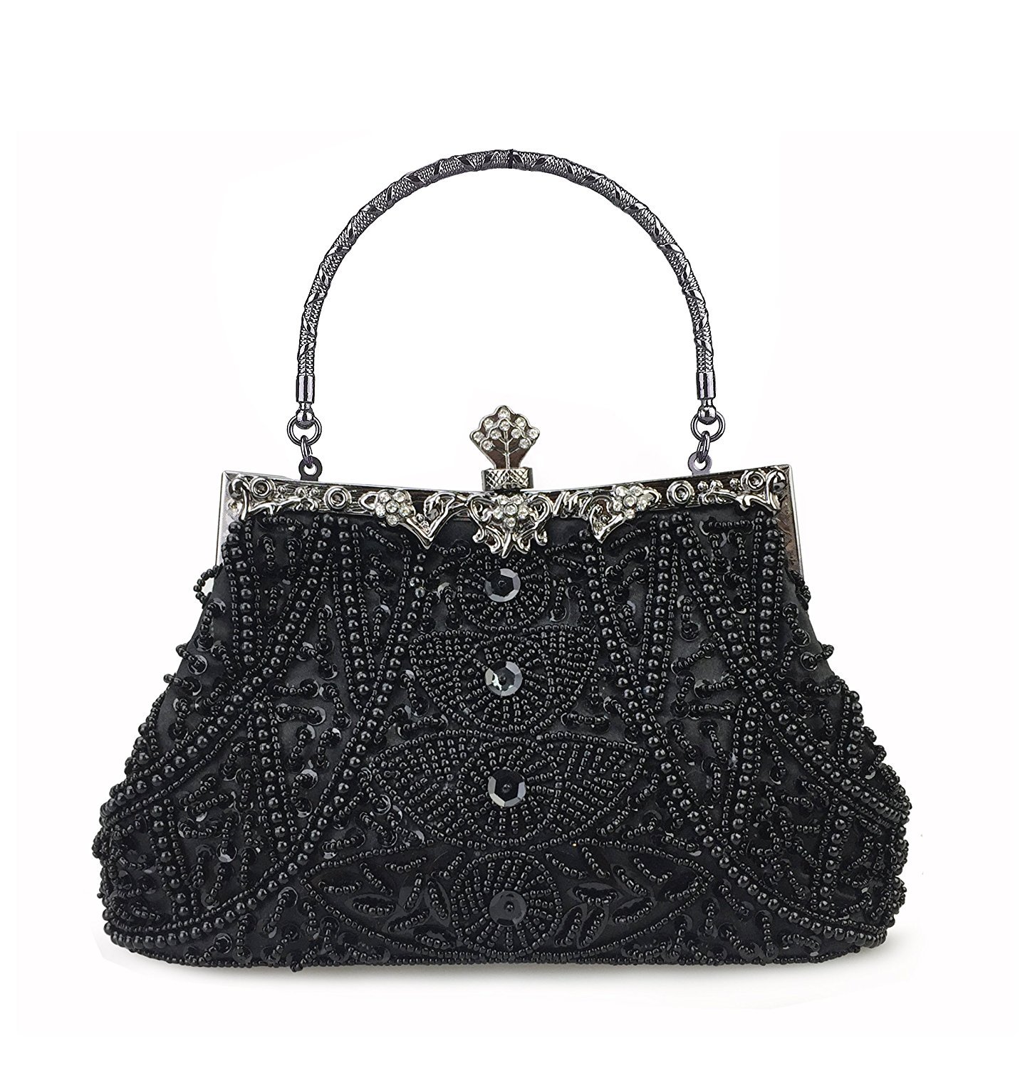 HONGCI Women's Black Glitter Fashion Beaded Sequin Pearl Clutch Handbag - Vintage Beaded Evening Bag, Bridal Bag, Clutch for Wedding, Party, Prom