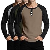 August Alley 3 Pack Men's Waffle Henley Shirts Raglan Long Sleeve T-Shirts Casual Crewneck Regular Fit Baseball Tee