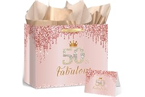 Yoirrat Rose Gold 50 and Fabulous 50th Birthday Gift Bag for Women Large Pink Happy 50th Birthday Gift Bag with Wrapping Paper and Card for 50th Fifty Bday Decorations Party Supplies