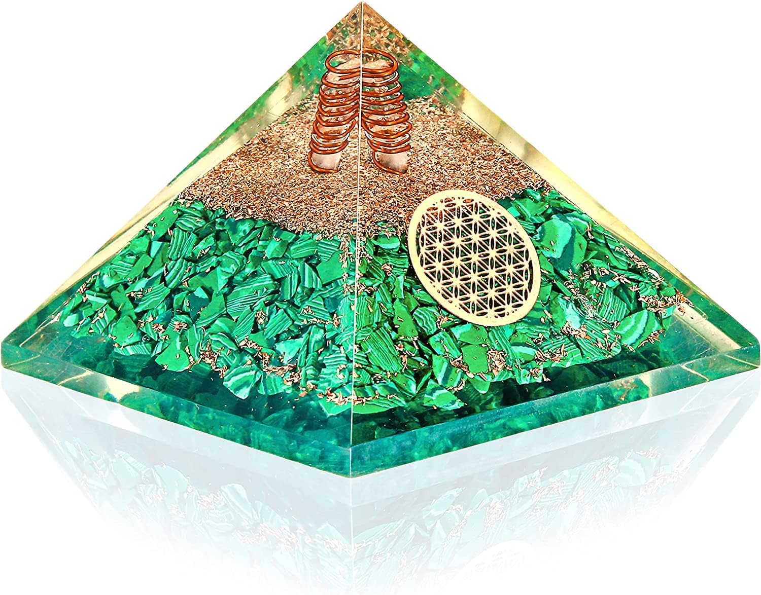 Mixed Media - Hanifa Crystals Malachite Crystal Orgone Pyramid Flower of Life-Raw Clear Quartz Crystal Point Chakra Pyramid-Positive Energy Generator Orgonite Crystals Pyramid Protection-Empath Abundance Healing