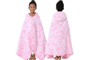 VOOVA & MOVAS Hooded Bath Towels for Kids (3-10Years) - Soft, Absorbent Turkish Cotton Thick Pool Towels with Hood for Toddler,Perfect for Bath | Beach | Pool | Swim, Jacquard, Pink with White Daisys Theme