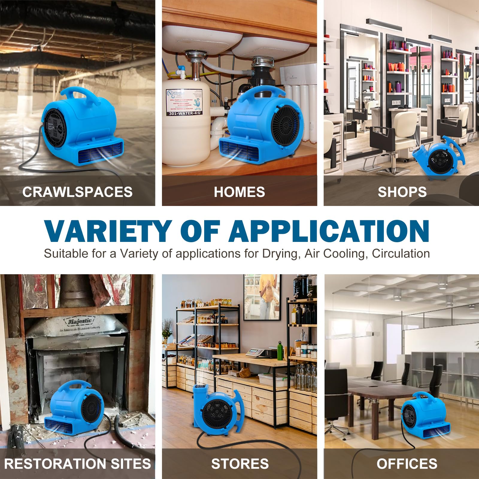 MOUNTO 1/4hp 1000CFM 2 Speed Air Mover Carpet Dryer Floor Fan Cooling Fan (Blue)