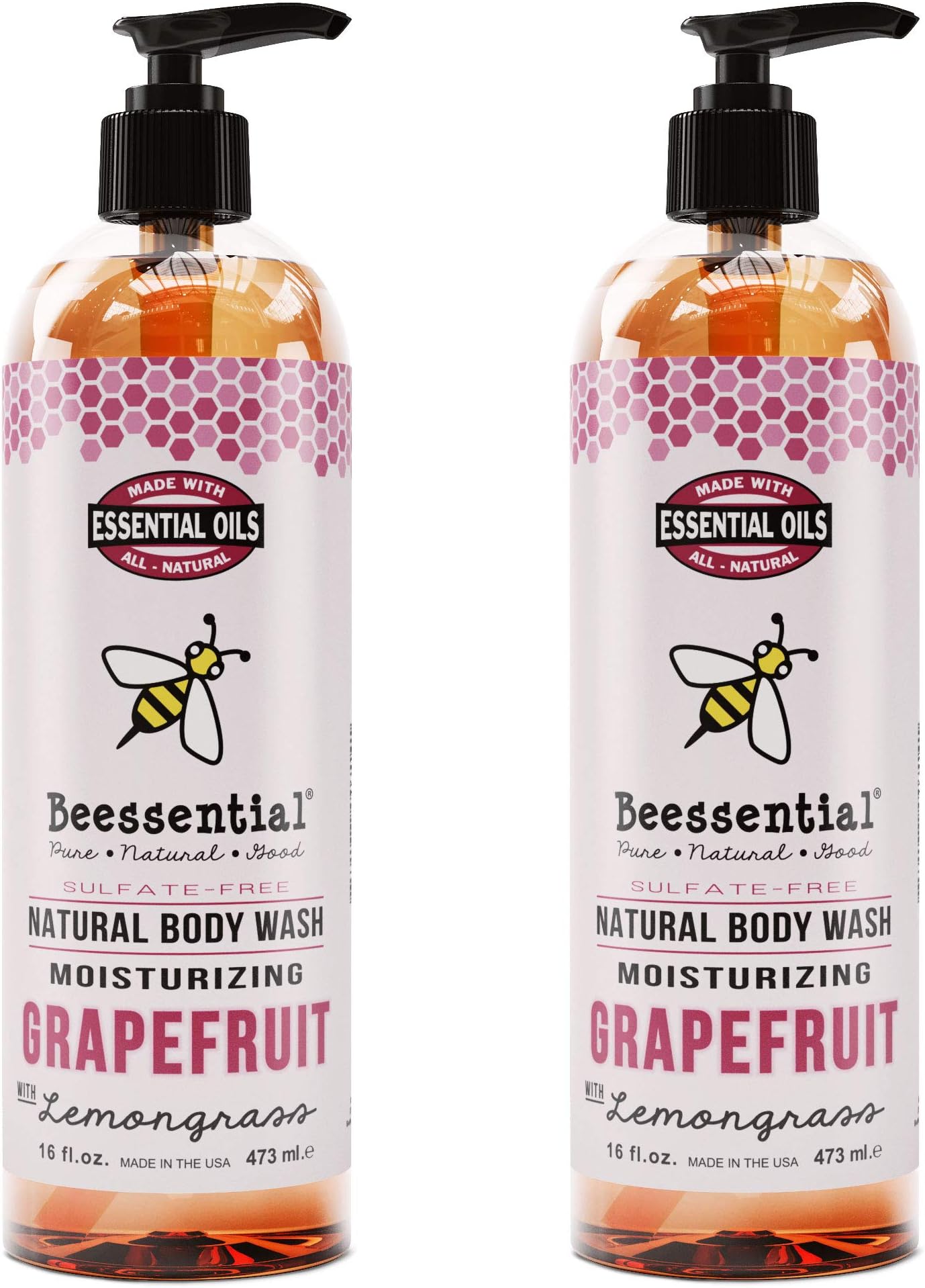 Beessential Natural Body Wash, Grapefruit, 2 Pack 16 oz | Sulfate-Free Bath and Shower Gel with Essential Oils for Men & Women