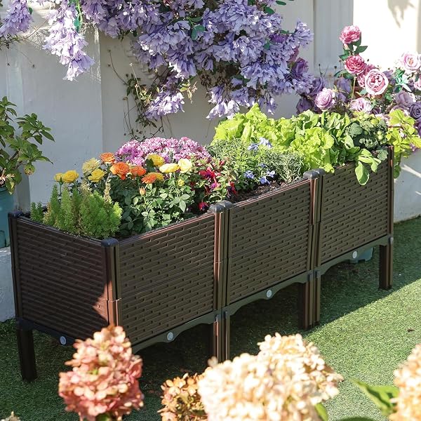 47X15X19IN RAISED GARDEN BEDS OUTDOOR, POLYPROPYLENE ELEVATED PLANTER BOXES OUTDOOR FOR VEGETABLES, FLOWERS, HERBS, GARDEN BOX WITH DRAIN OUTLET, HEAT AND FROST RESISTANCE PLANTERS, 300LB CAPACITY