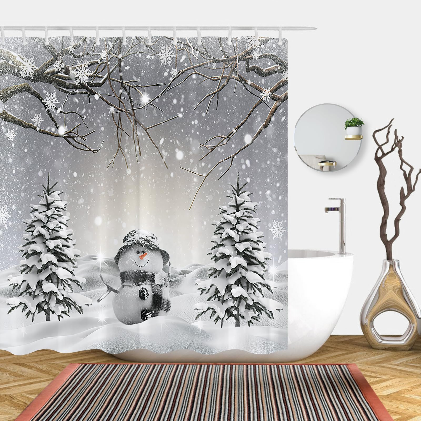 Abaysto Merry Christmas Winter Snowman Shower Curtain Xmas Tree Snowflake Scene Holiday Bathroom Decor Pine Tree Covered Snow Fabric Bath Curtains Set with Hooks 180X180 CM