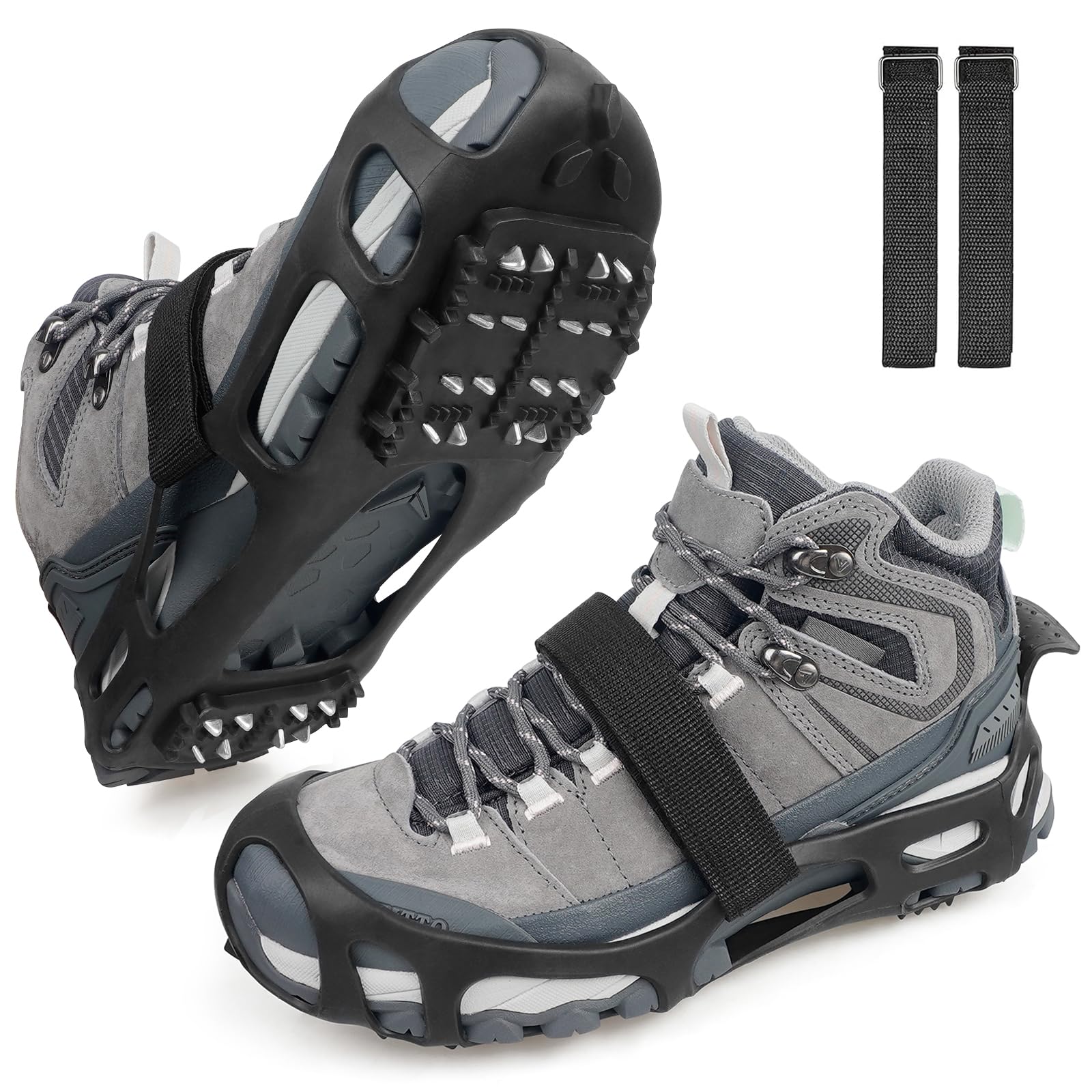 Ice Snow Grips for Shoes and Boots, Crampons Ice Cleats Non-Slip 24 Studs Ice Grippers Overshoe Rubber Snow Traction Cleats Slip-on Stretch Footwear for Walking Hiking Jogging