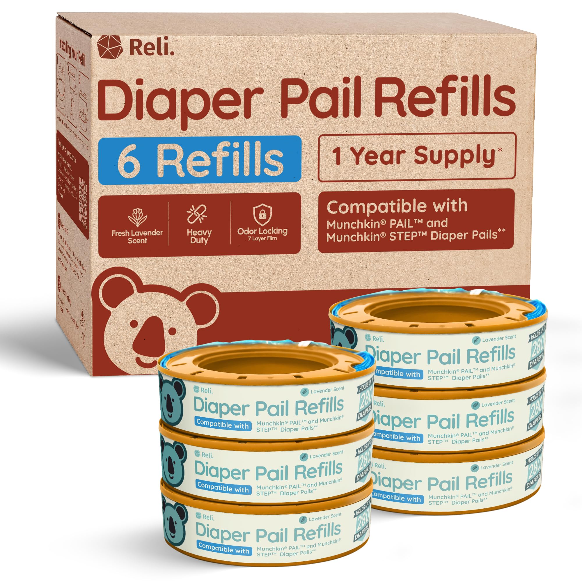 Photo 1 of Reli. Diaper Pail Refill Bags, Compatible with Munchkin Step, Pail (6 Pack) | Pail Refills w/Lavender Scent | Odor Blocking, Strong, Easy Replacement | Holds up to 1,680 Diapers