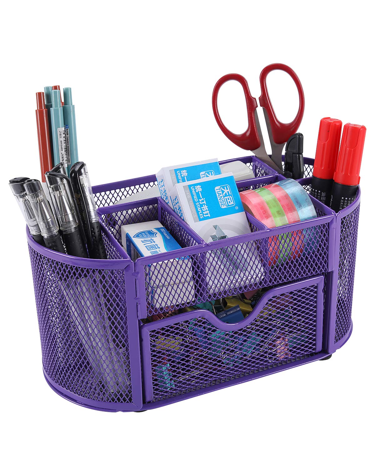 EasyPAG Office Mesh Desk Tidy Versatile Stationery Storage Desktop Organiser Pen Holder with Drawer,Purple