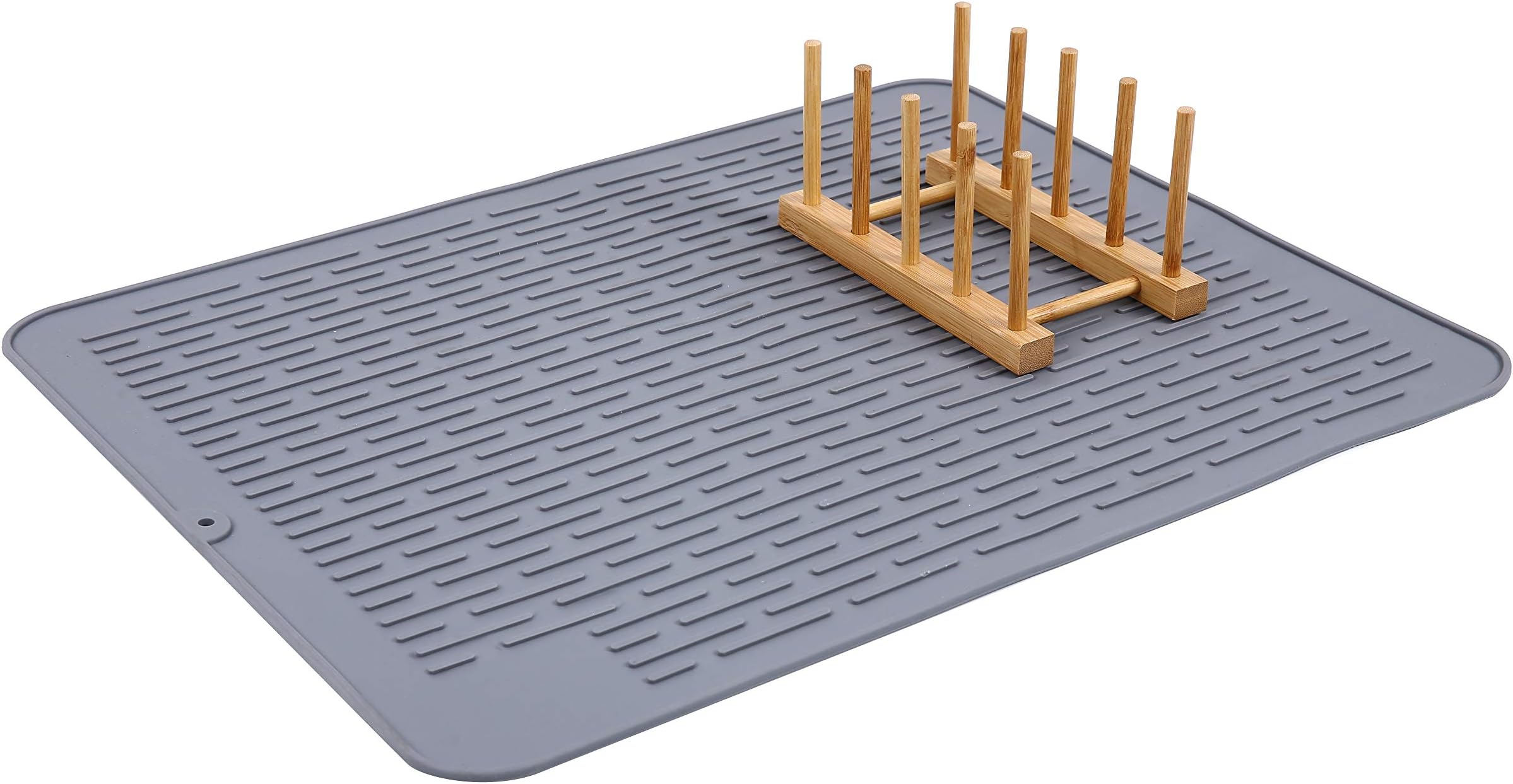 LUEUR 23” x 18” Silicone Dish Drying Mat Extra Large Dish Draining Mat Heat Resistant Non-Slip Sink Mat Rubber Counter Drying Drainer Grey Mat & Bamboo Wooden Dish Drying Rack